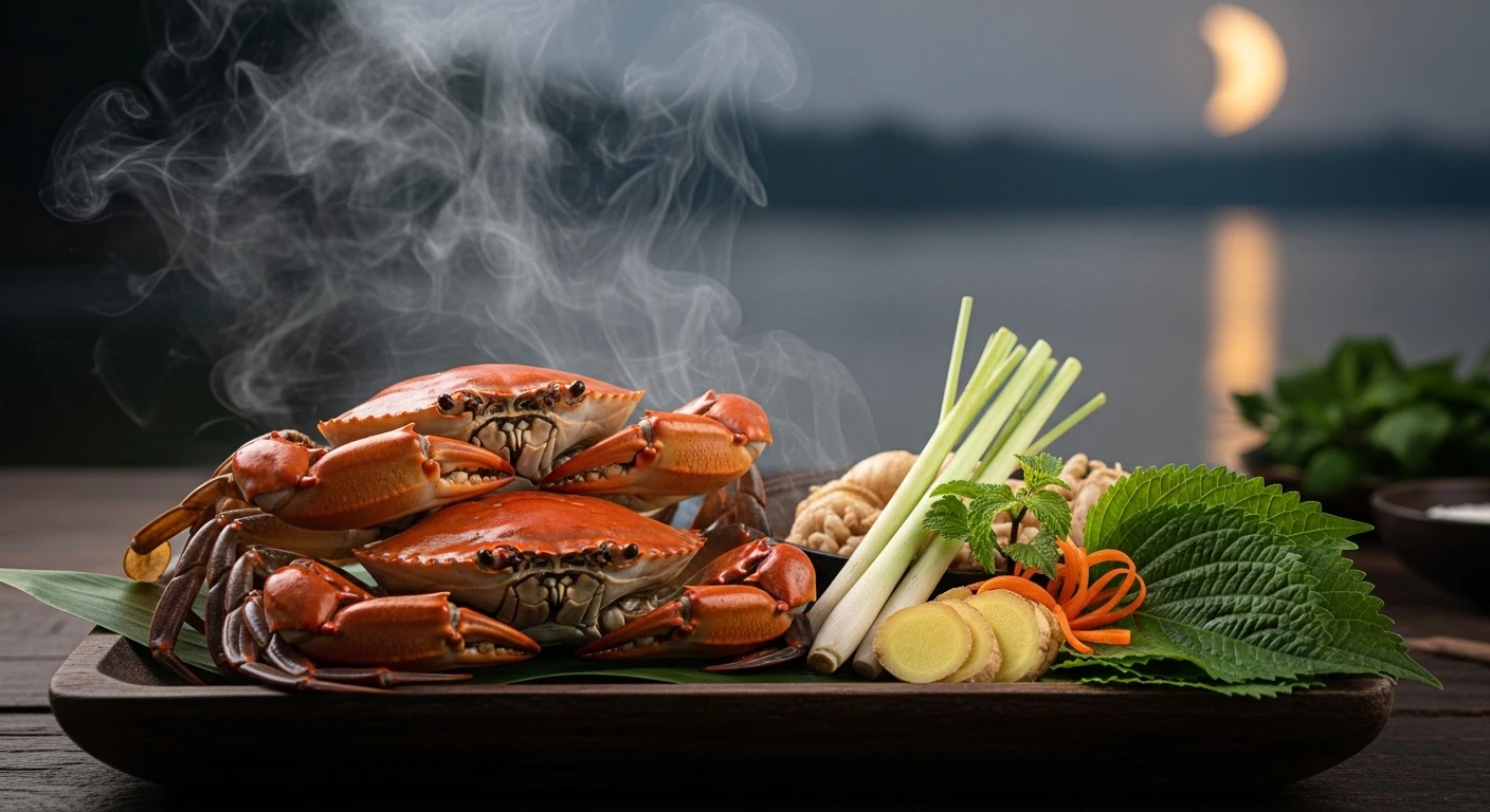 A plate of fresh crabs with subtle steam effects, hinting at a cool evening.