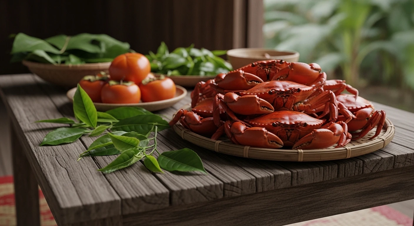 A spread of fresh mud crabs, green tea leaves, and ripe persimmons on a rustic wooden table