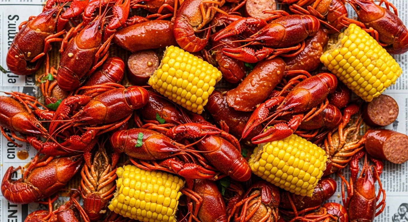 A vibrant crawfish boil with corn and sausage