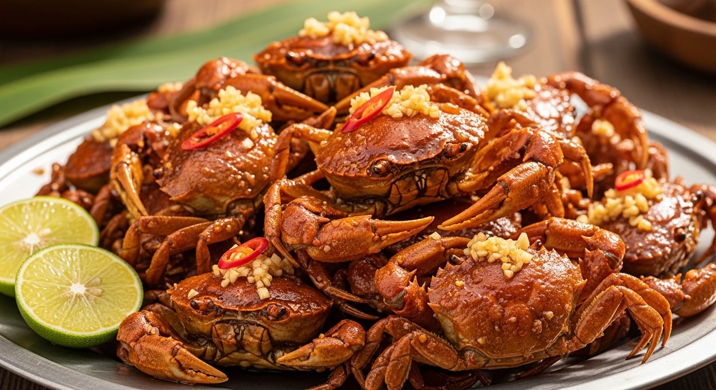 Crispy fried fiddler crabs glistening with fish sauce glaze