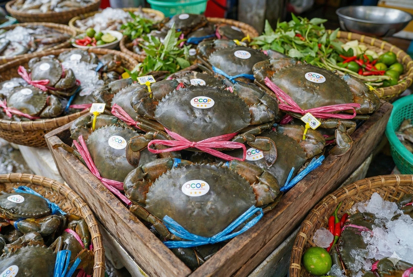 Cua Cà Mau tươi sống với nhãn OCOP và chỉ dẫn địa lý, thể hiện chất lượng cao