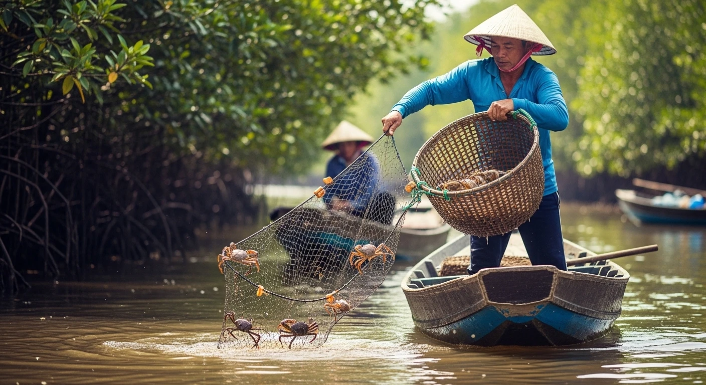 Cua Cà Mau tươi ngon được người dân bắt trên sông