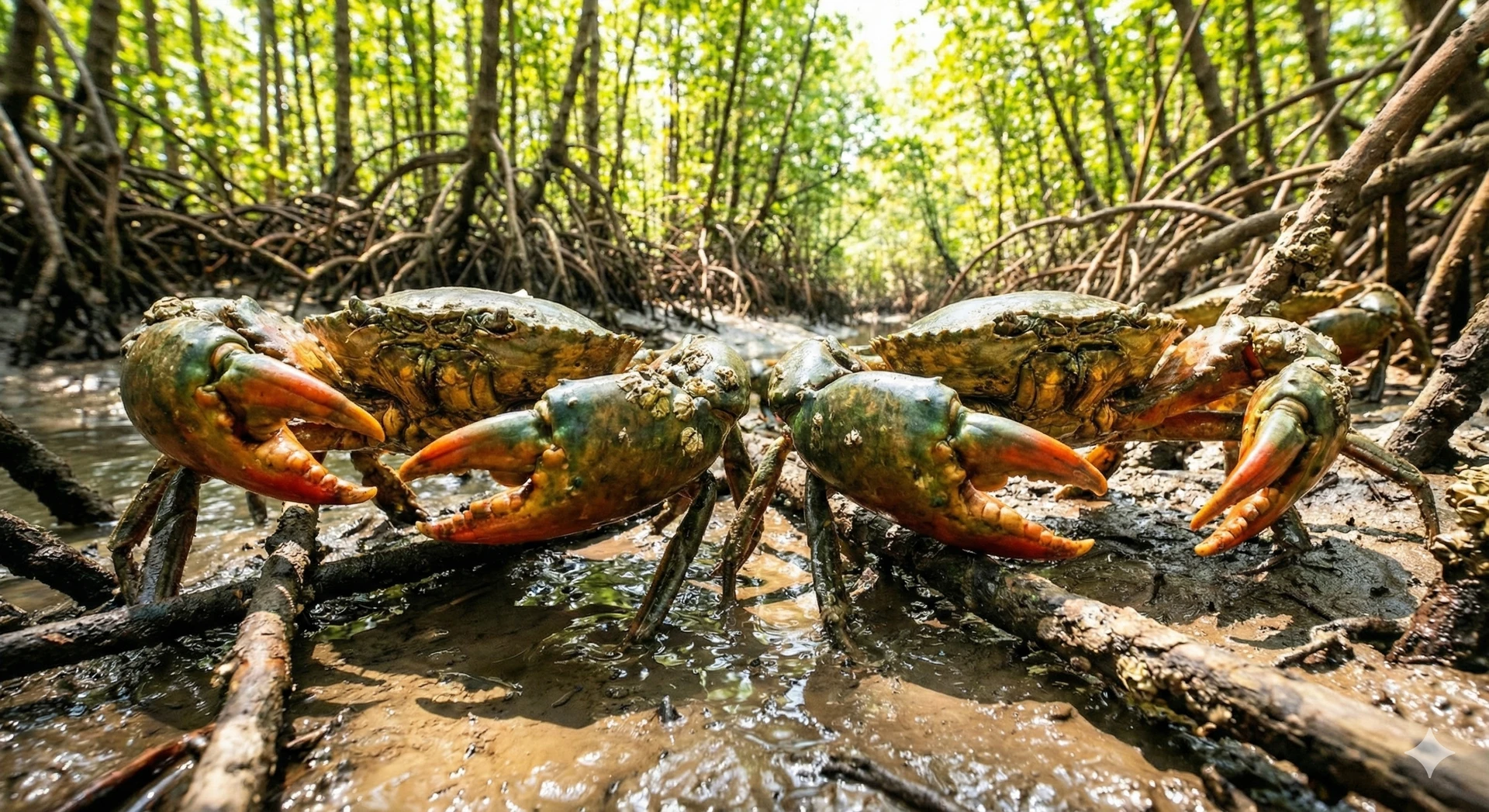 Hình ảnh một con cua Cà Mau lớn đang bò trên nền cát hoặc bùn