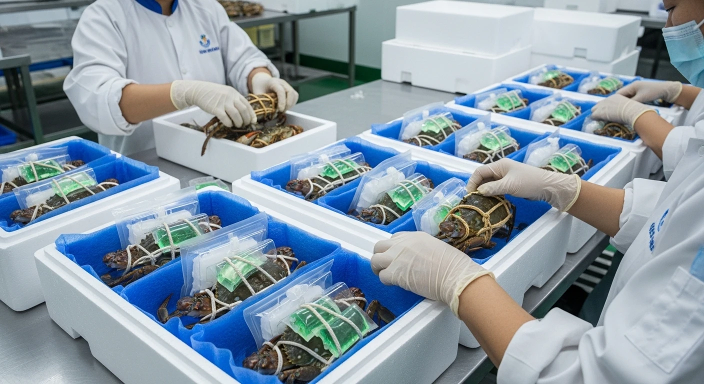 Quy trình đóng gói cua Cà Mau xuất khẩu bằng thùng xốp chuyên dụng