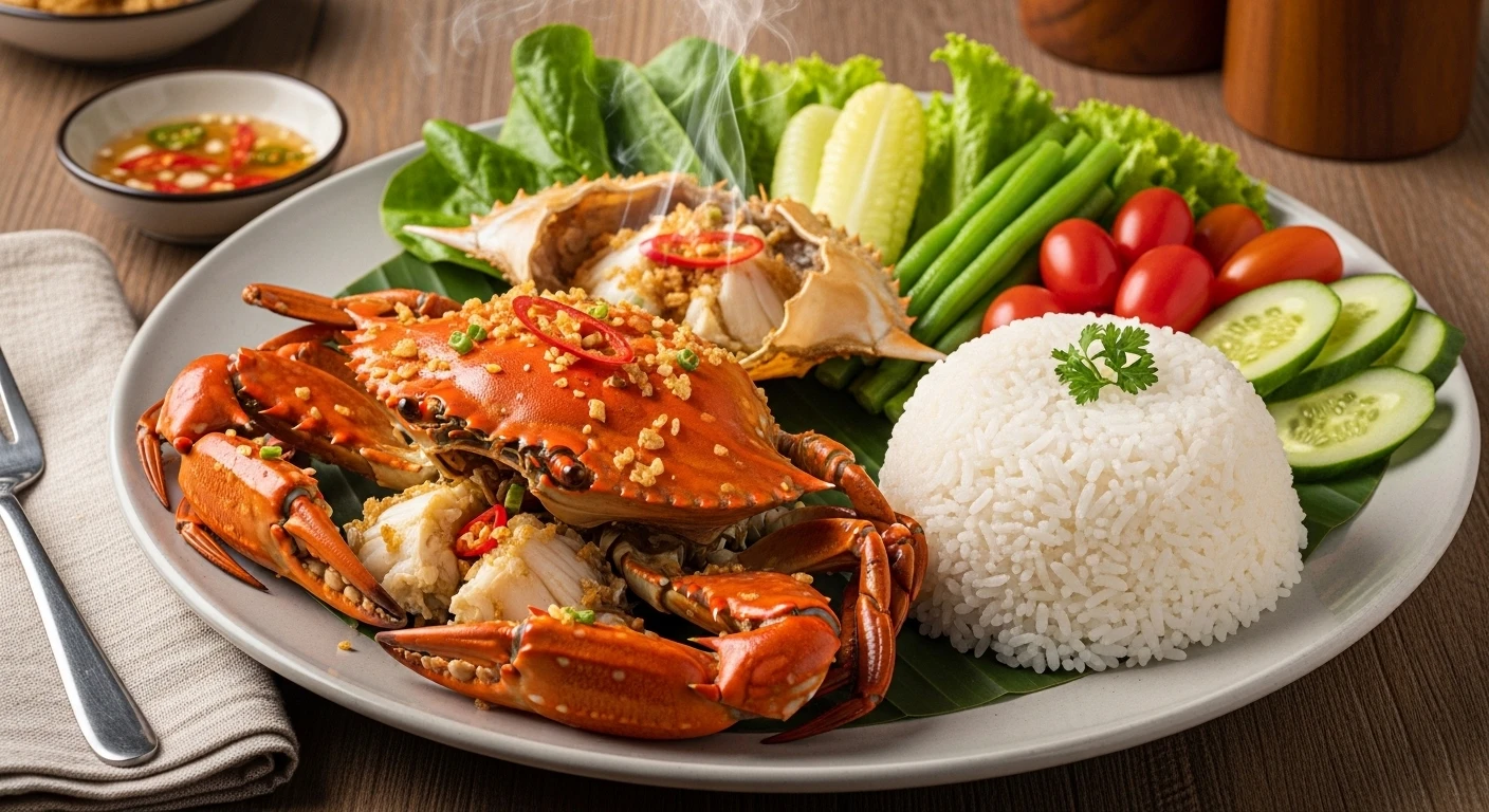 Cua Cháy Tỏi ăn kèm cơm trắng và rau sống