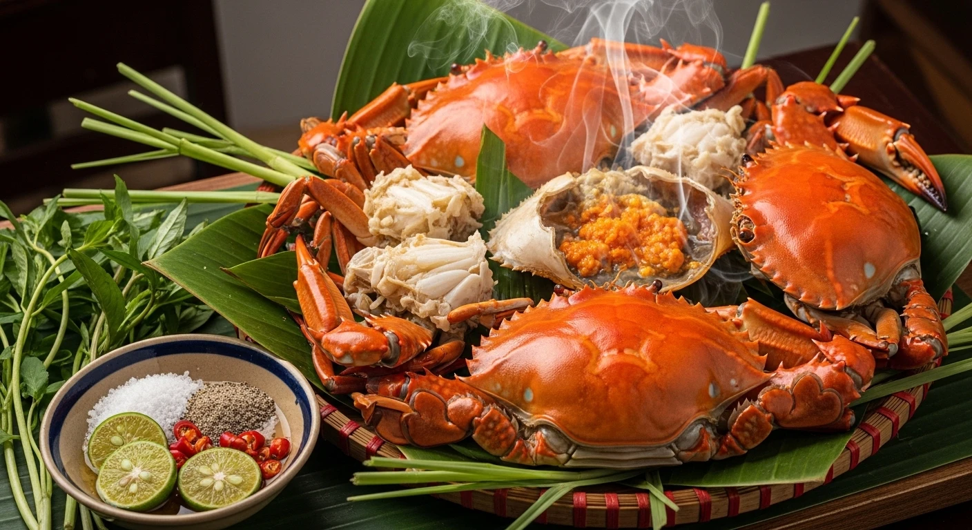 Món Cua Gạch Cà Mau hấp sả thơm lừng, chấm muối tiêu chanh