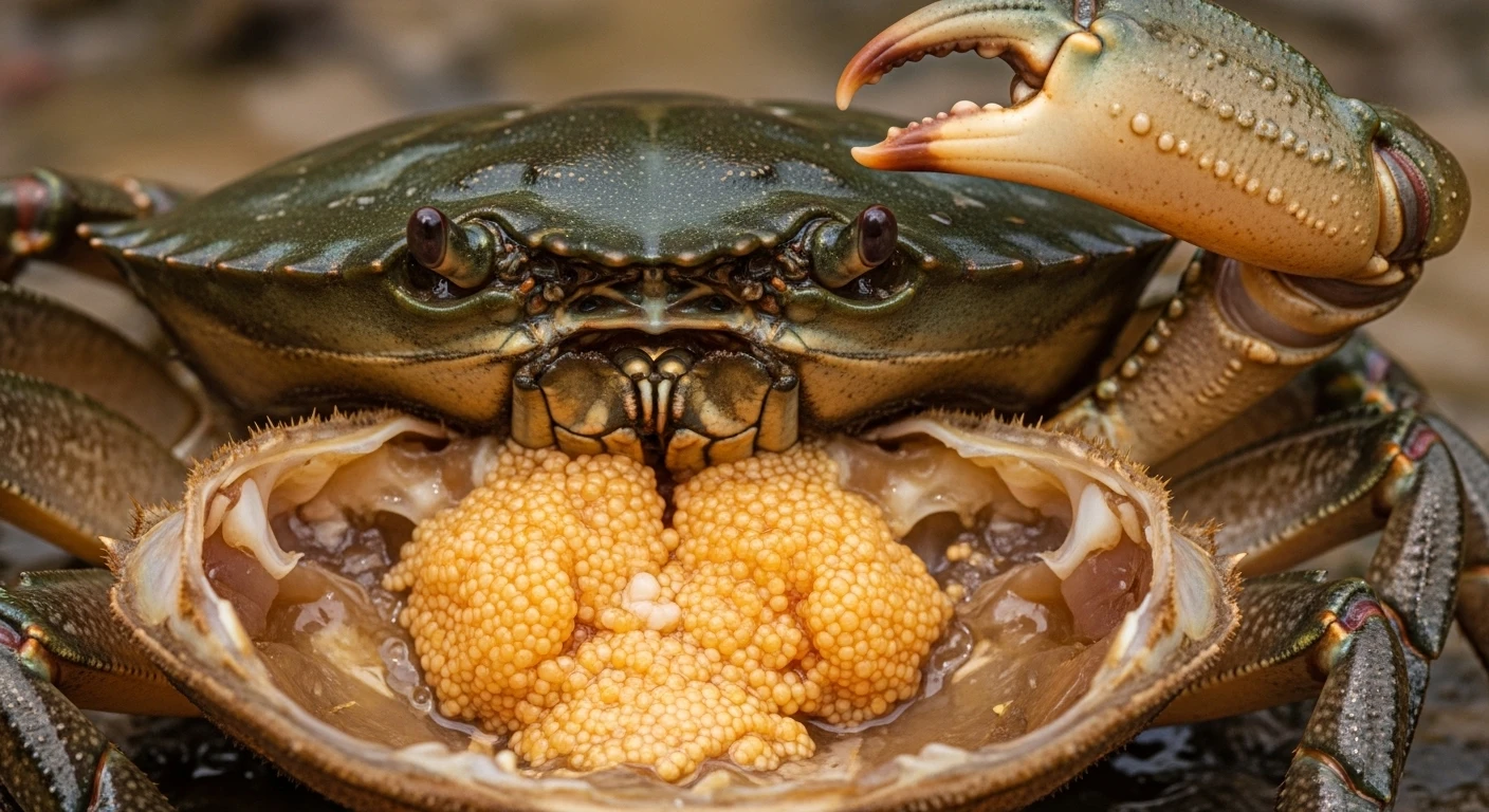 Hình ảnh cận cảnh một con cua Cà Mau còn sống, yếm cua hé mở để lộ lớp gạch vàng óng ả, cho thấy đây là cua cái sắp đến kỳ sinh sản, với phần gạch béo ngậy đang hình thành.