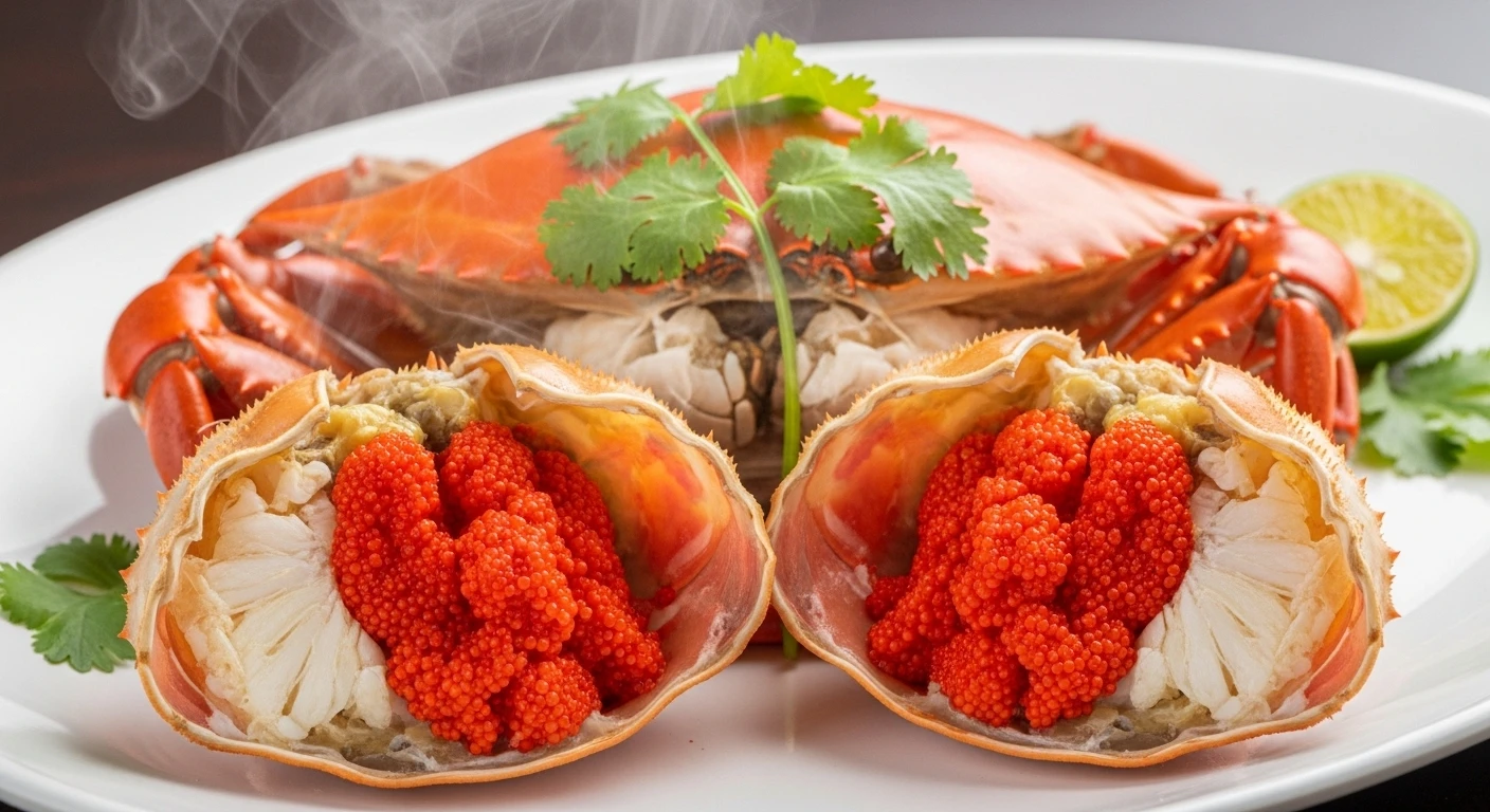 Hình ảnh một con cua Cà Mau đã hấp chín, được bổ đôi để lộ lớp gạch son đỏ rực, đặc quánh bên trong mai cua, trông vô cùng hấp dẫn và đầy đặn.