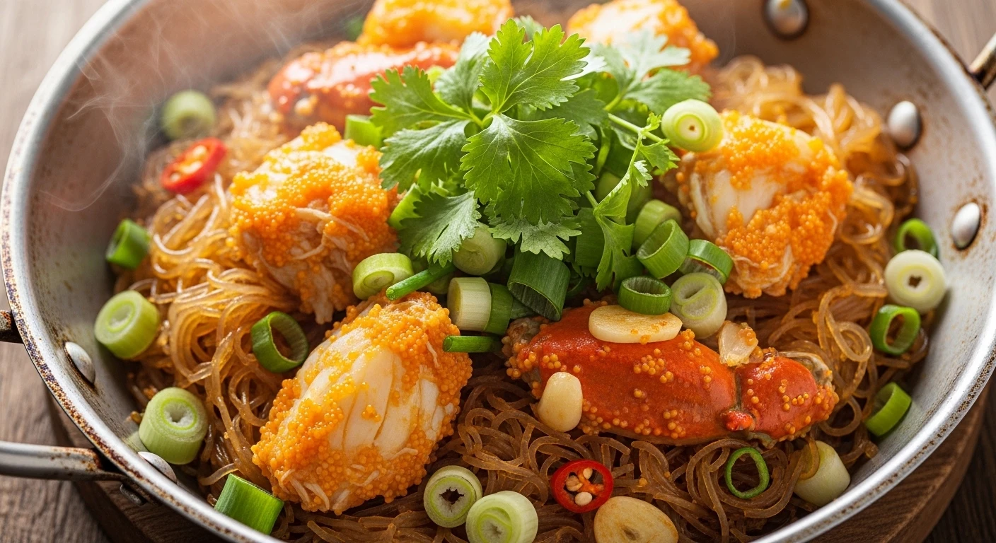 Một chảo miến xào cua gạch Cà Mau vàng ươm, thơm lừng, được trang trí với hành lá và rau mùi, làm nổi bật màu sắc hấp dẫn của gạch cua. Món ăn trông ngon miệng và bắt mắt.