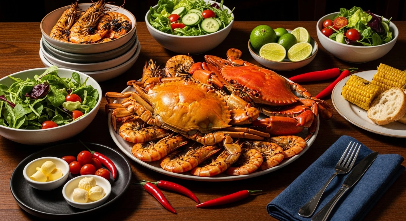 Bữa tiệc hải sản thịnh soạn với những con cua gạch vàng và gạch son tươi rói, tôm sú và các món ăn kèm hấp dẫn trên bàn gỗ.