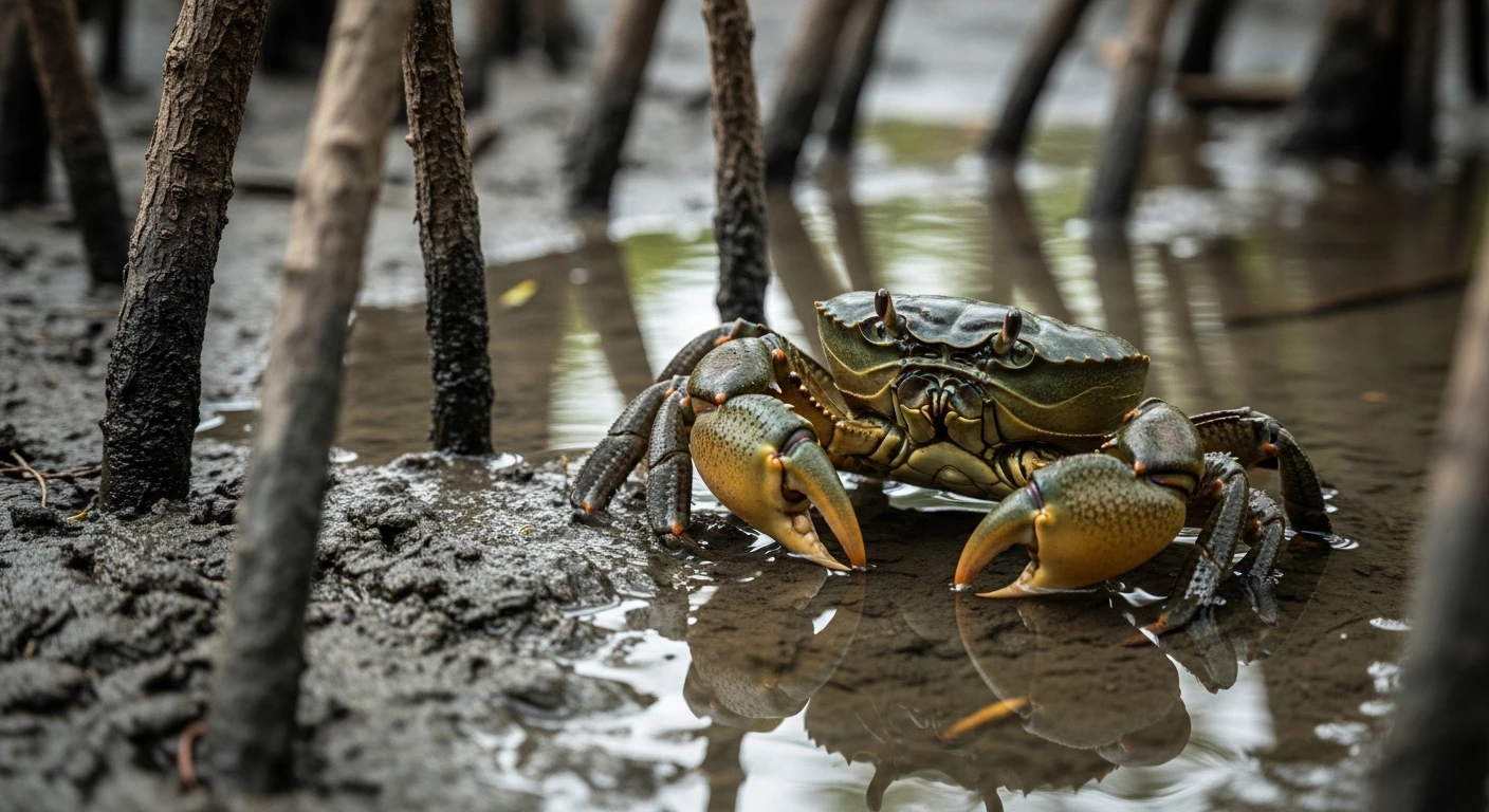 Cua Cà Mau tươi sống với màu vỏ xanh đậm đặc trưng trong môi trường rừng ngập mặn