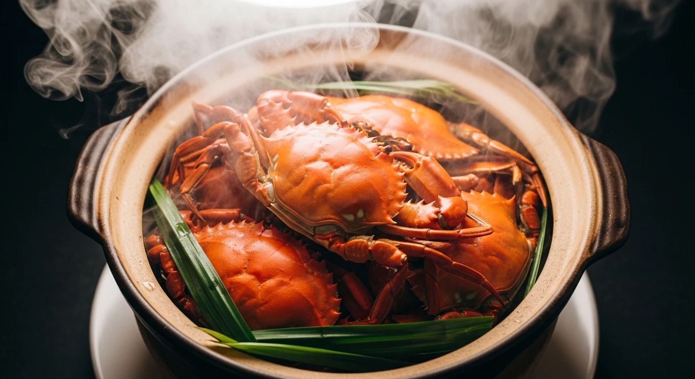 Nồi cua hấp lá dứa đang tỏa hương thơm