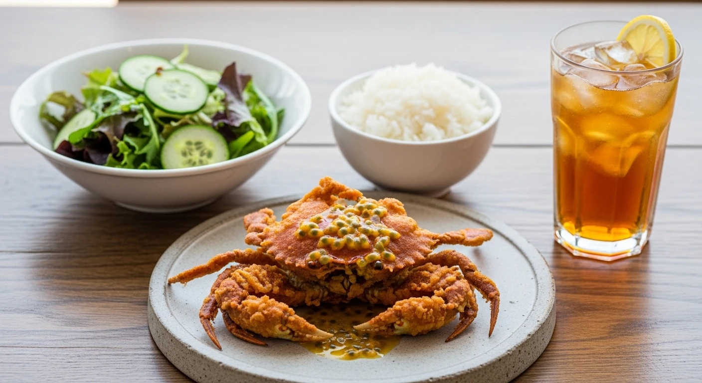 Cua lột chiên xù sốt chanh dây ăn kèm rau sống và cơm trắng