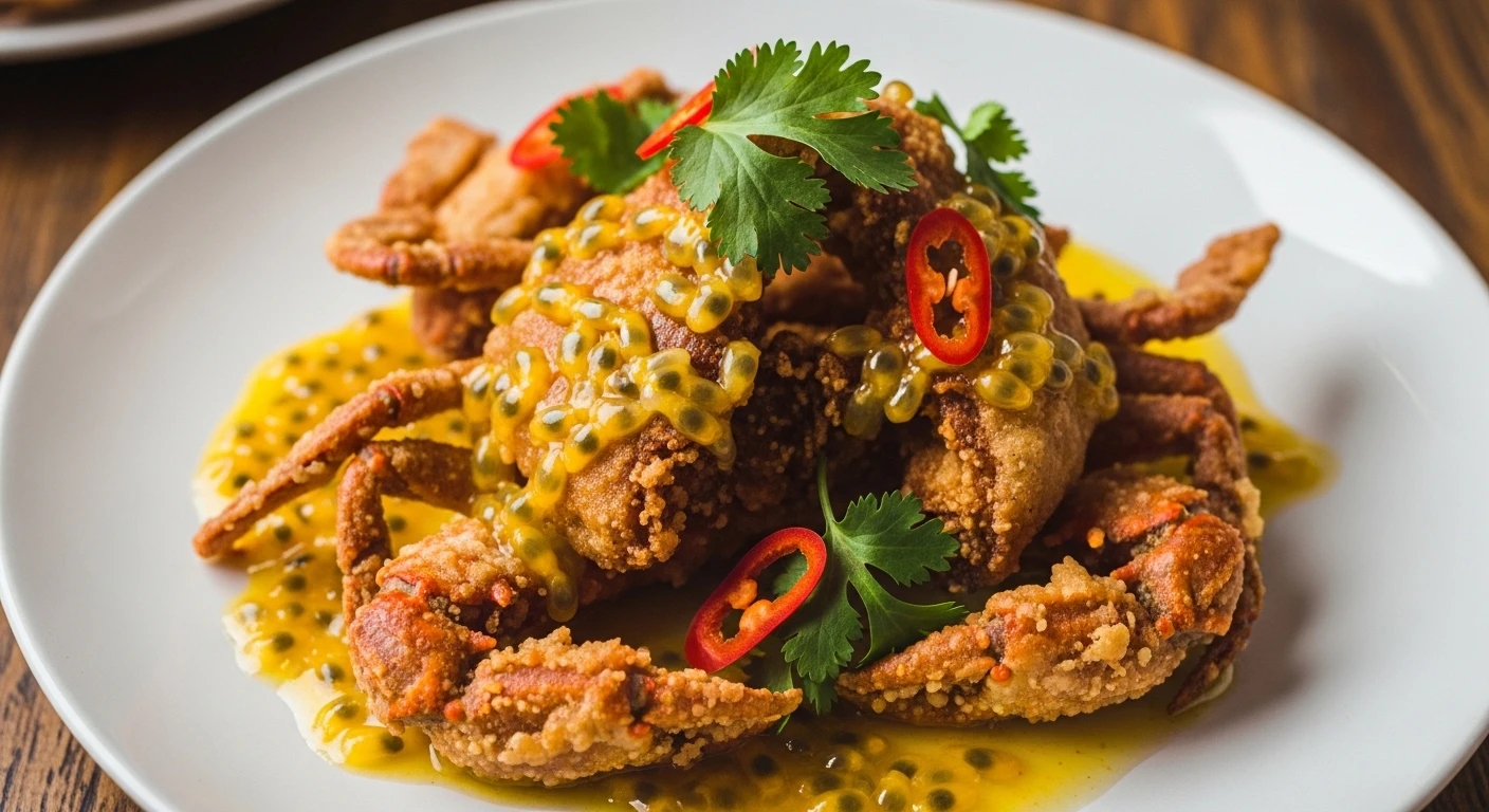 Cua lột chiên xù vàng giòn rụm, rưới sốt chanh dây hấp dẫn