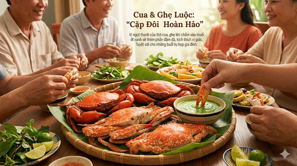 Cua/ghẹ luộc chấm muối ớt xanh