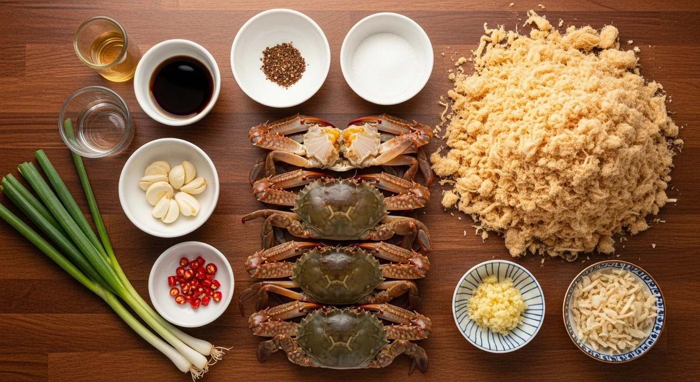 Các nguyên liệu làm món Cua Rang Chà Bông tươi ngon