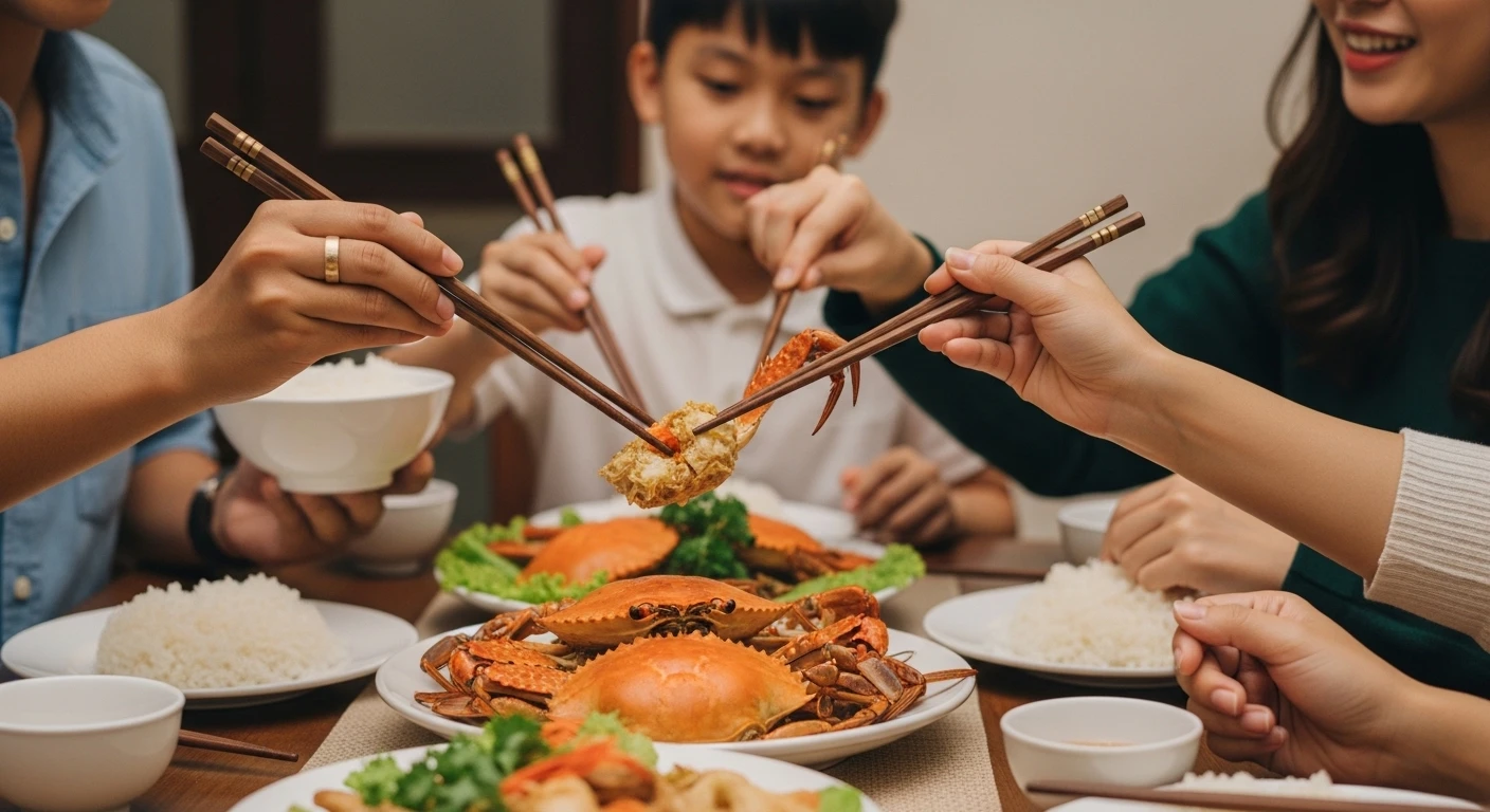 Đĩa Cua Rang Chà Bông được bày trí đẹp mắt cùng các món ăn kèm