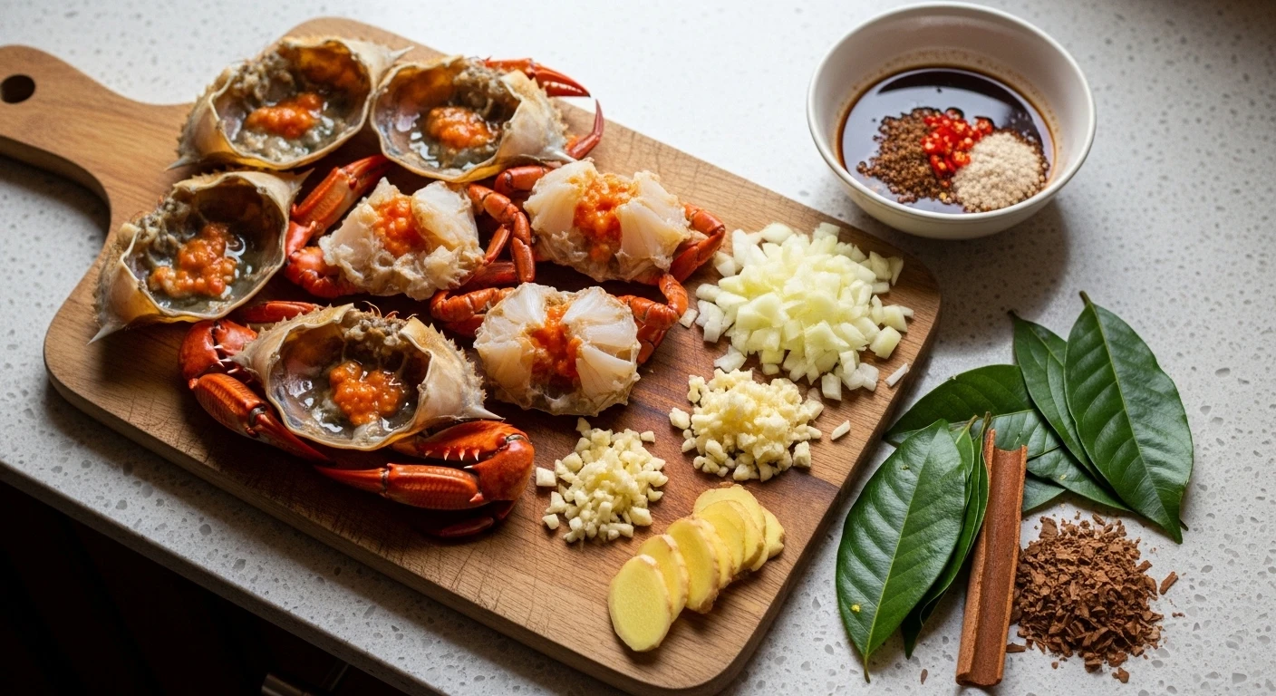 Sơ chế cua và nguyên liệu cho món Cua Rang Lá Quế