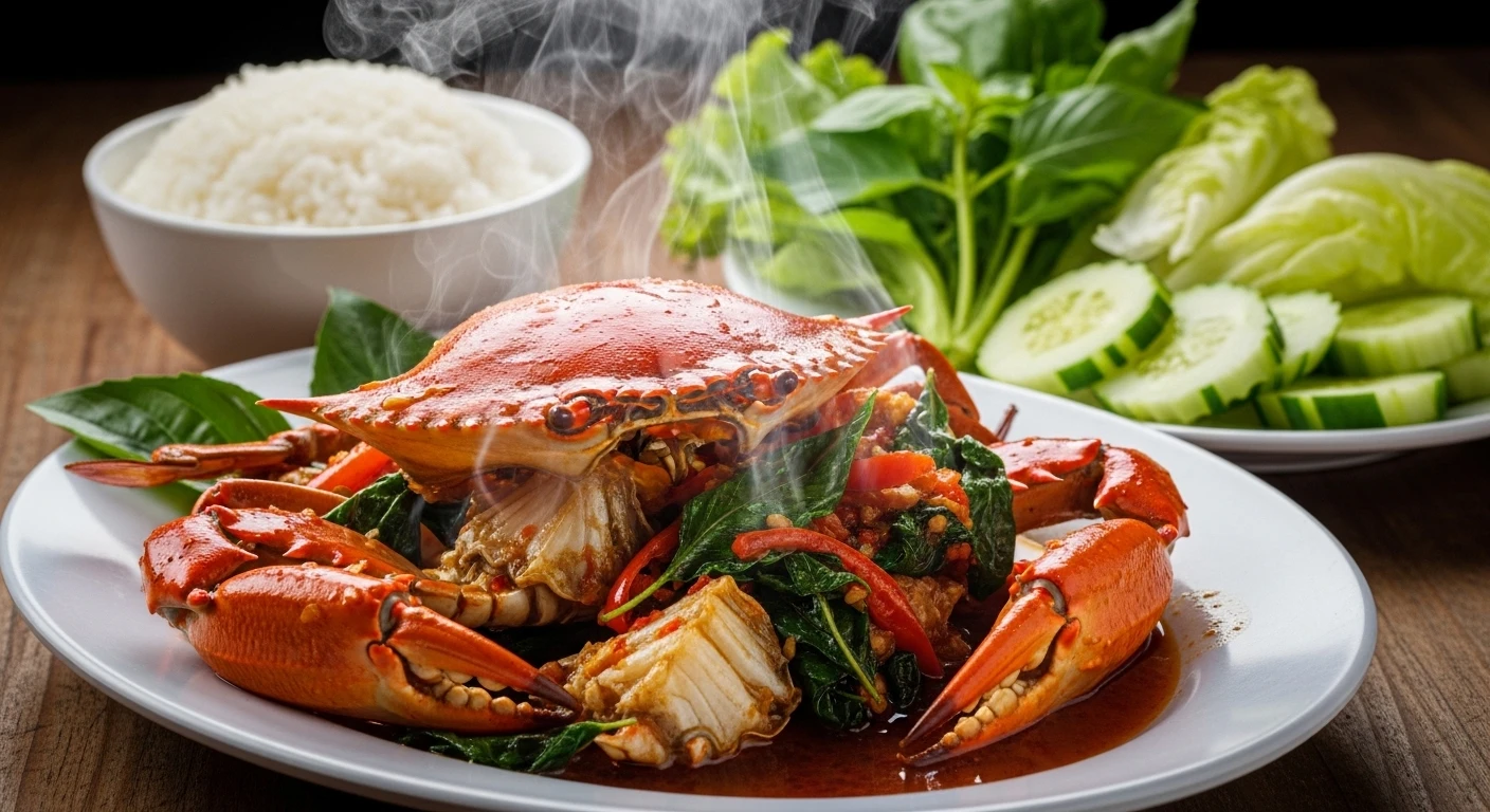 Đĩa Cua Rang Lá Quế ăn kèm cơm trắng và rau sống