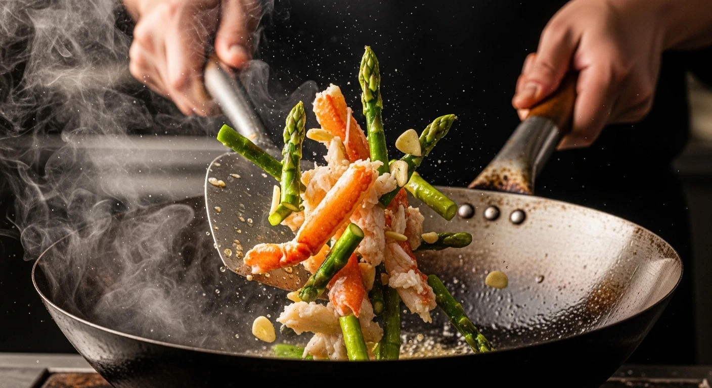 Công đoạn xào cua măng tây