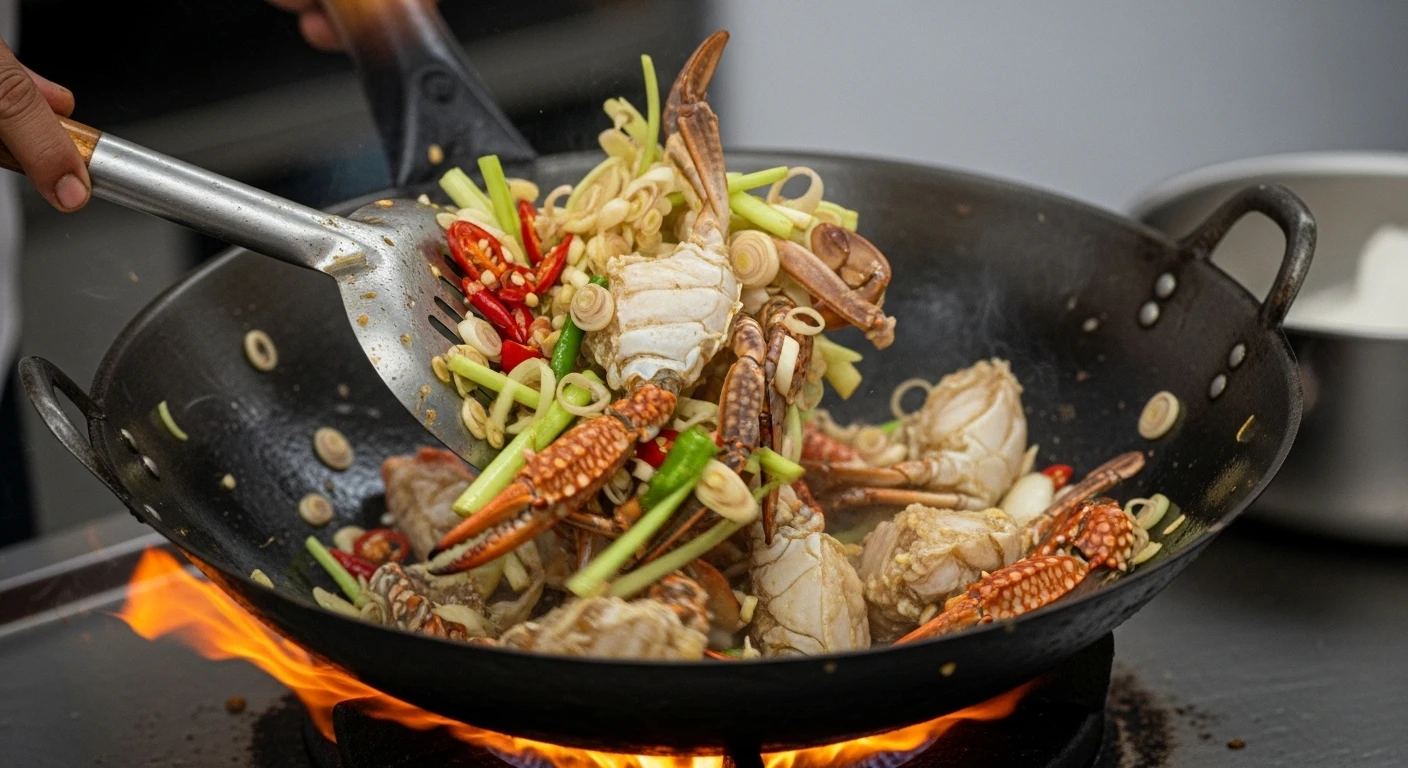 Công đoạn xào cua với sả ớt