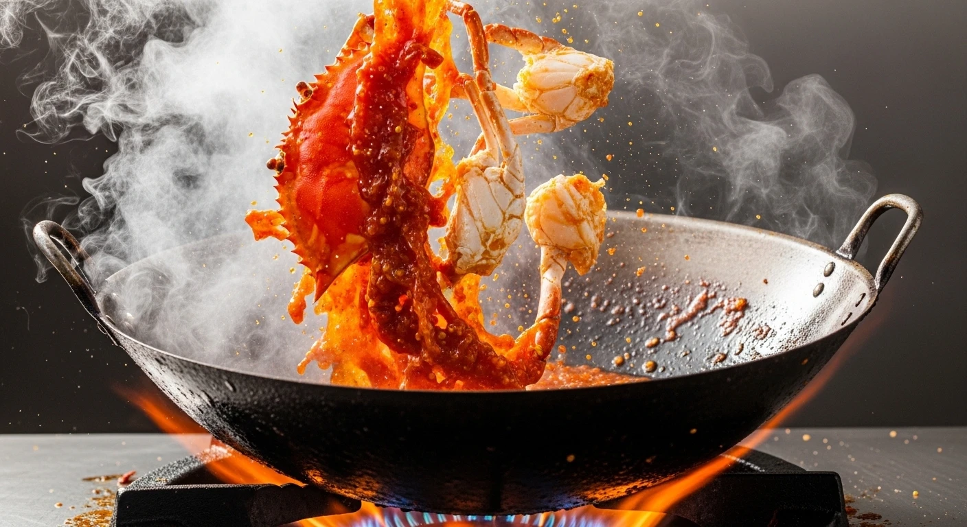 Cua đang được xào trên chảo lửa lớn với sốt sa tế