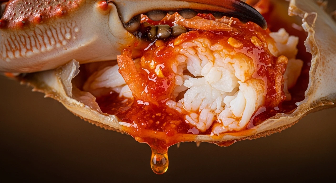 Cận cảnh miếng thịt cua thấm đẫm sốt sa tế