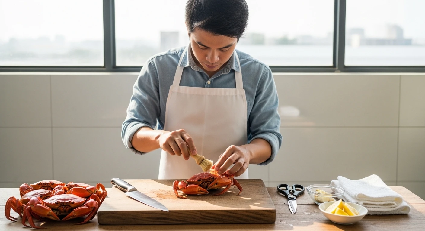 Hình ảnh một người đàn ông đeo tạp dề đang chuẩn bị nguyên liệu cua tươi