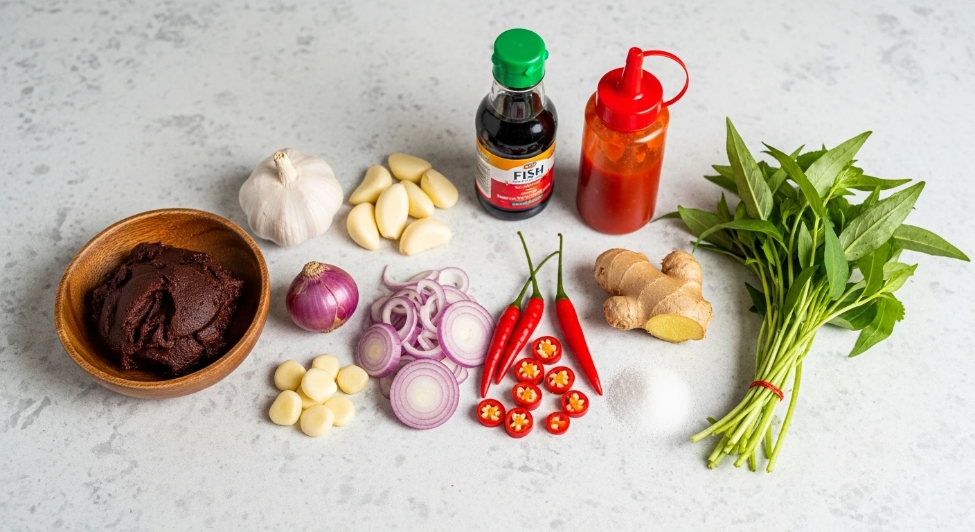 Hình ảnh các loại gia vị và me vắt được bày biện đẹp mắt trên bàn bếp