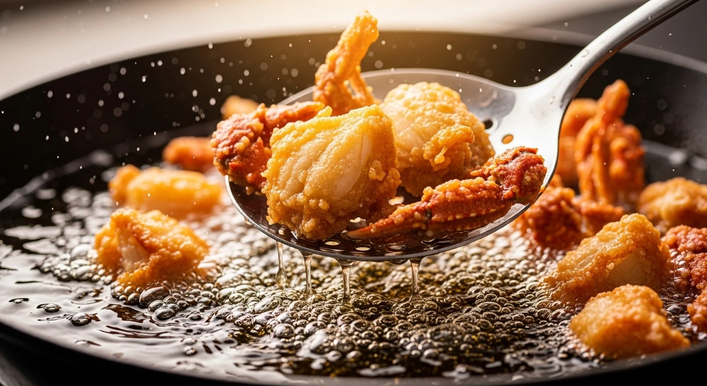 Hình ảnh cua đang được chiên sơ trong chảo dầu nóng, chuyển màu cam đẹp mắt