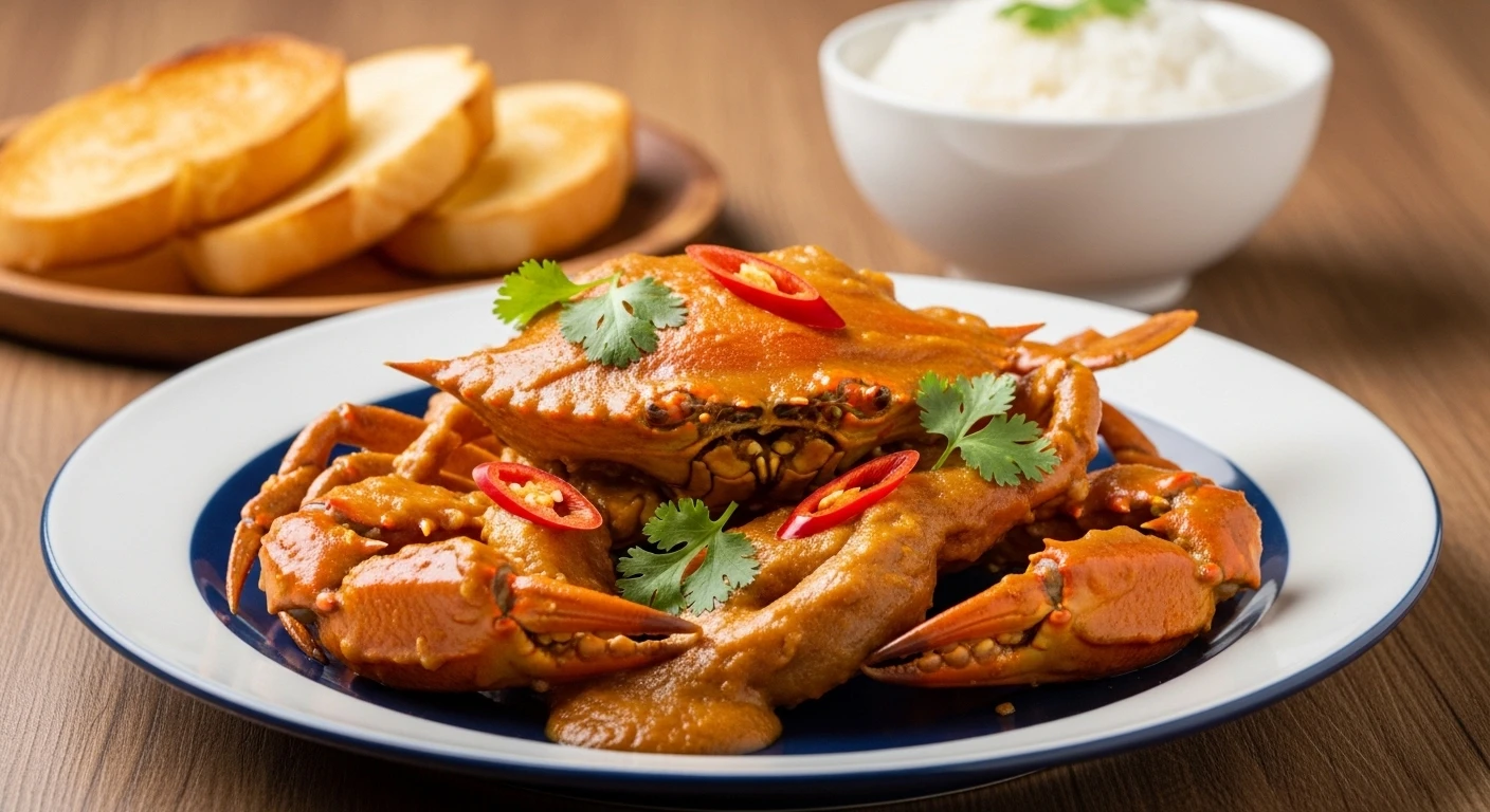 Món cua rang me hoàn chỉnh được bày ra đĩa đẹp mắt, rắc rau răm, kèm bánh mì