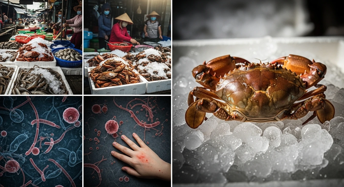 A close-up of a dead mud crab, hinting at potential spoilage