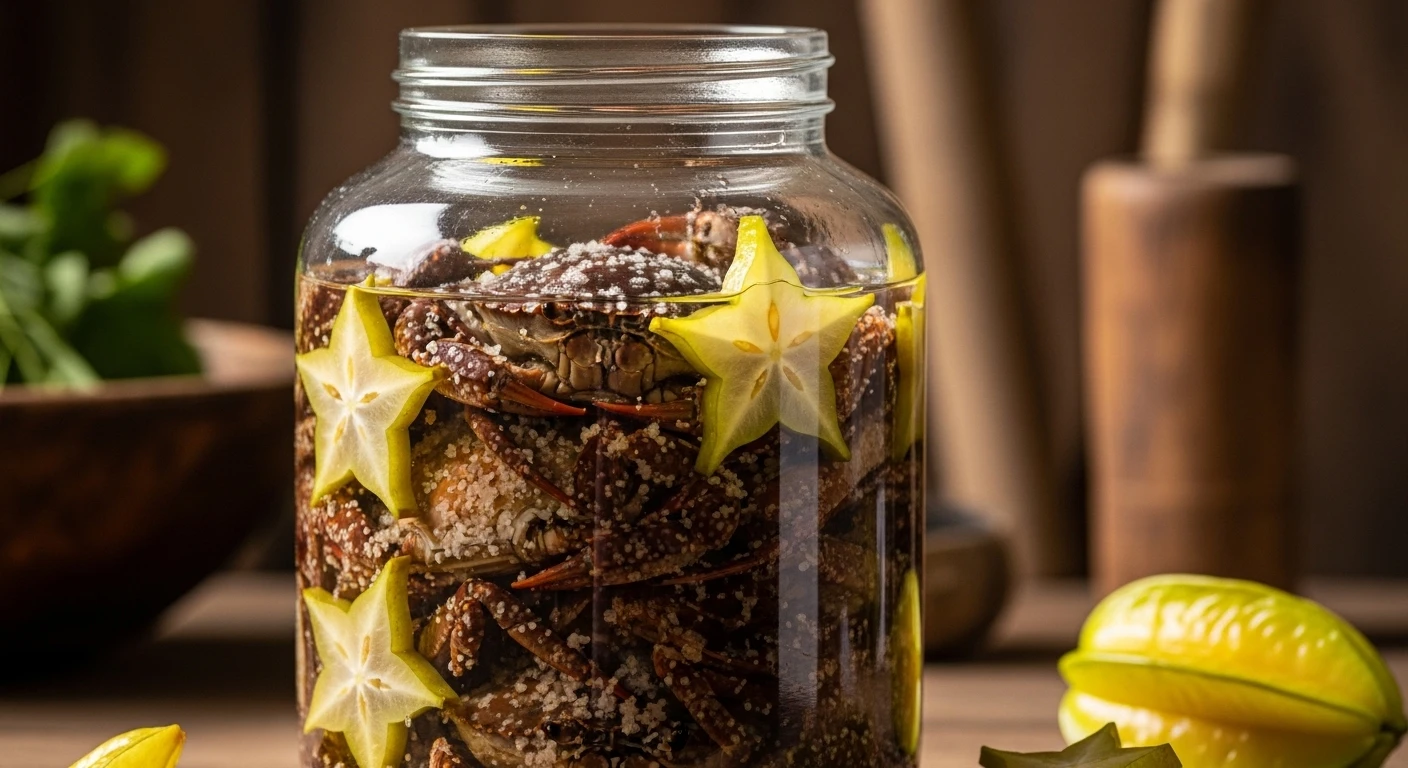 A jar of fermented mangrove crab (Ba Khia) with visible salt crystals and star fruit slices