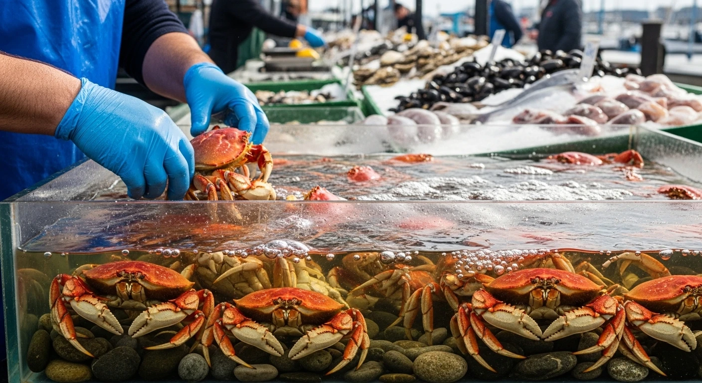 Bàn tay đang chọn cua biển tươi sống tại chợ