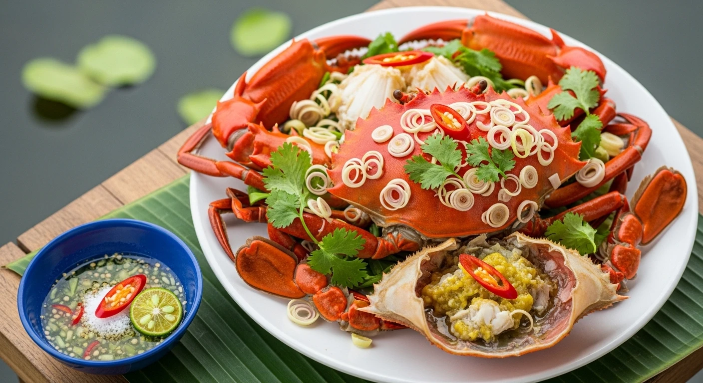 Diabetic-friendly steamed crab with fresh herbs and lime dipping sauce