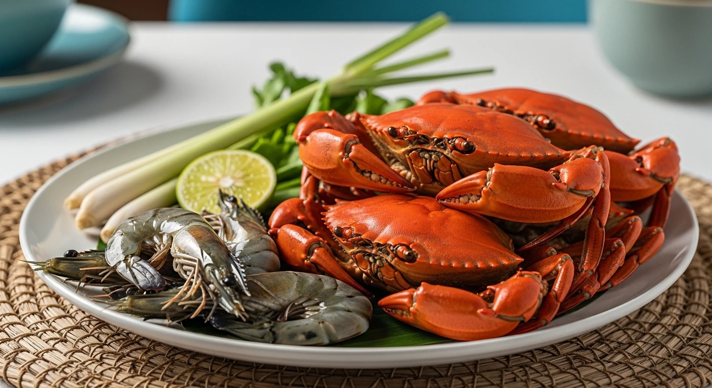 A vibrant plate of steamed crabs and shrimp, a symbol of delicious seafood.