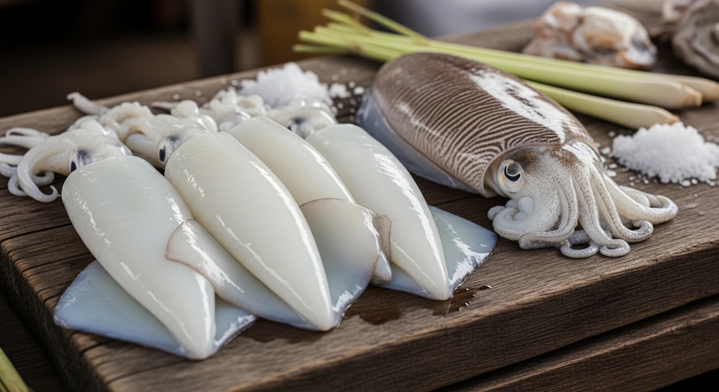 A selection of fresh squid tubes and cuttlefish on a rustic wooden board