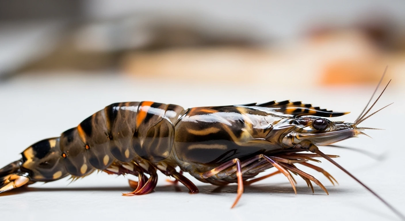 Close-up of a wild tiger prawn with dark stripes
