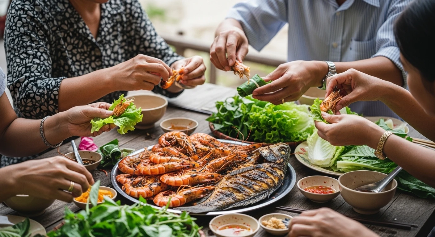 Vietnamese family eating seafood with hands, sharing a meal in the Mekong Delta