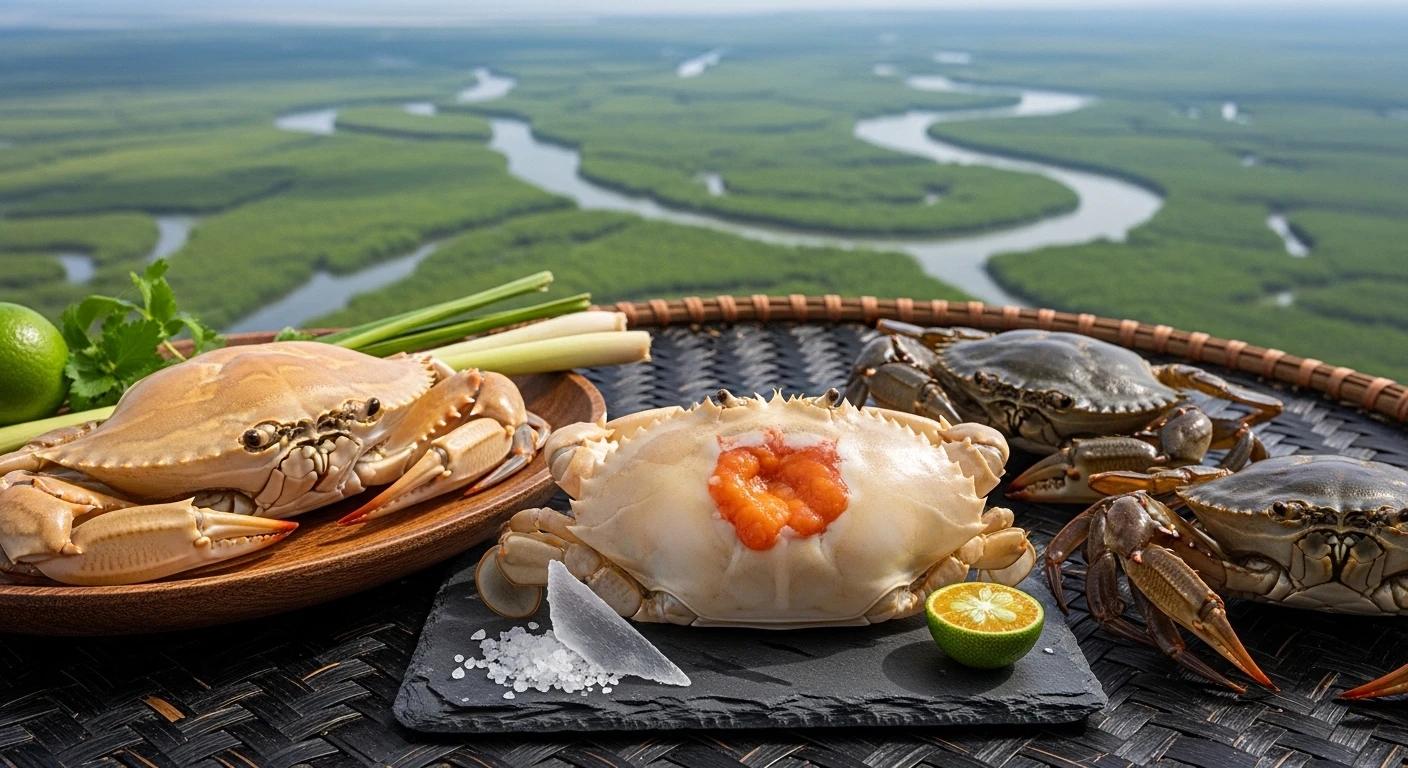 A close-up of a Cua Com crab, showcasing its soft, pale shell