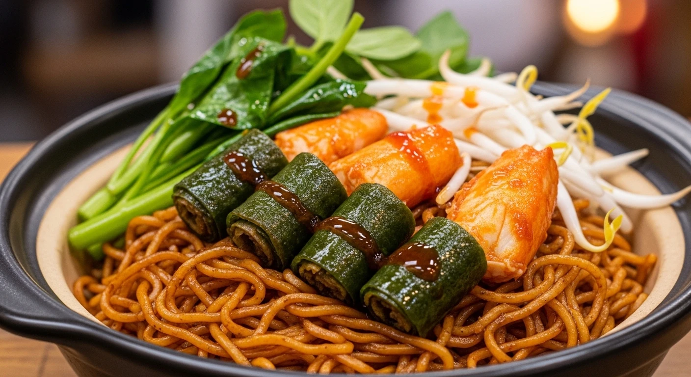 Dry Stir-fried Crab Noodles with Betel Leaf Rolls