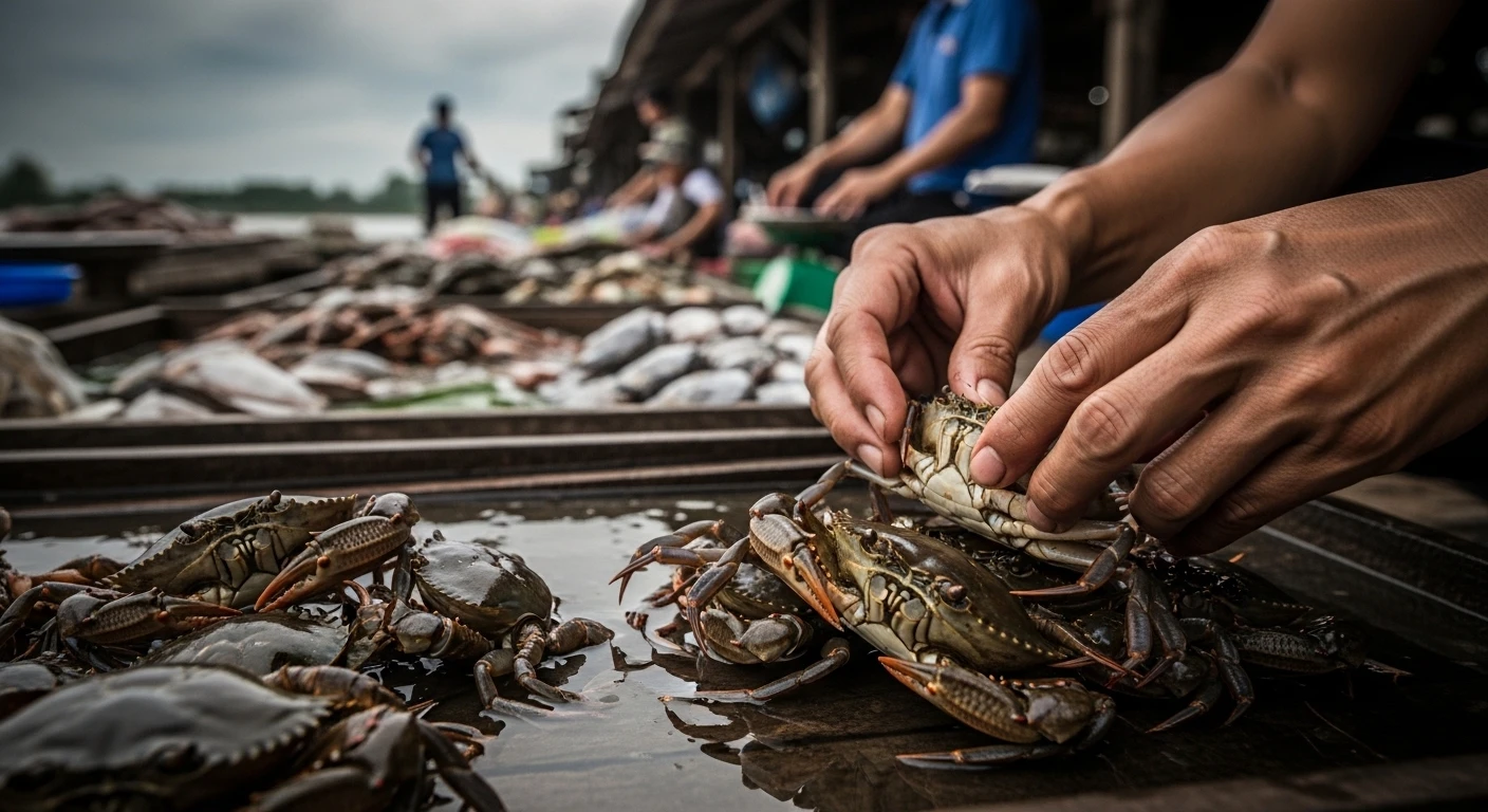 Crab market scene in the Mekong Delta under a dramatic sky