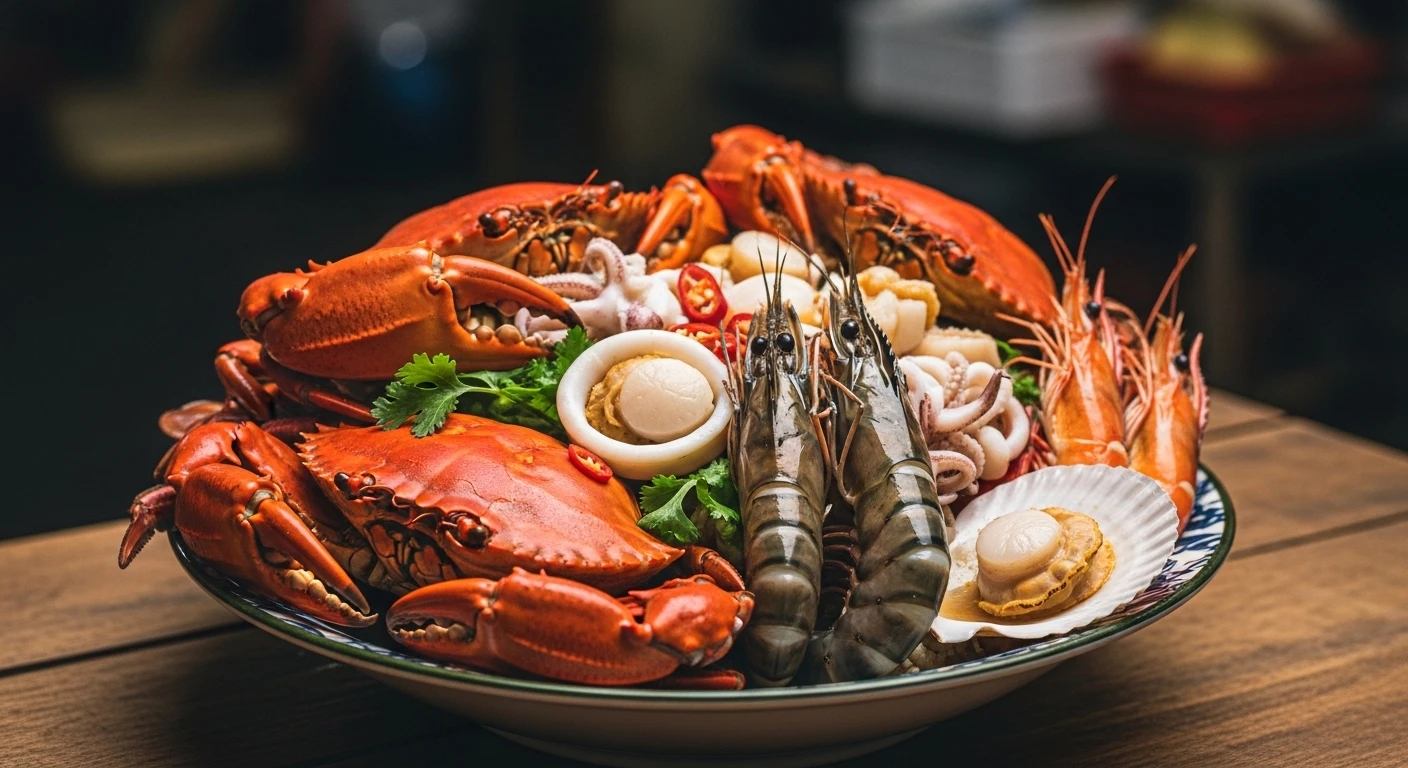 Luxurious seafood bowl with crab, shrimp, and squid at Ben Thanh Market