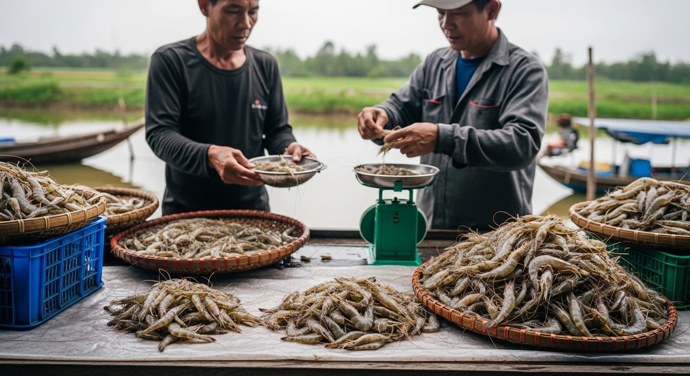 Fresh shrimp being sorted at a farm gate in the Mekong Delta