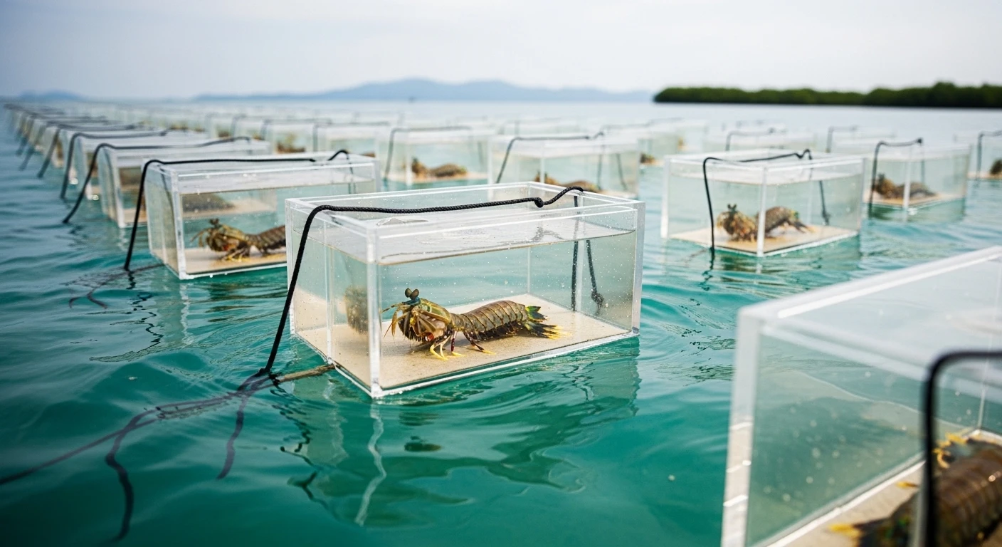 Close-up of clear plastic cages containing mantis shrimp, submerged in water