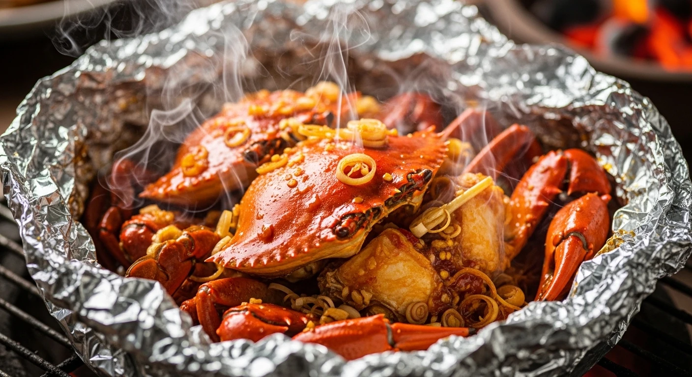 Spicy Sa Te Crab baked in aluminum foil