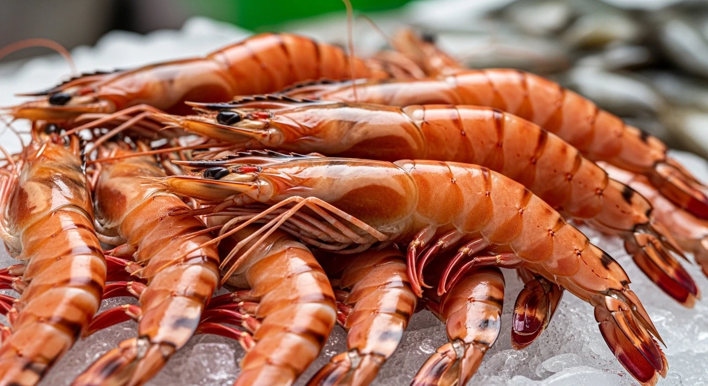 A vibrant display of fresh tiger prawns with their heads on, showing clear segmentation and bright color