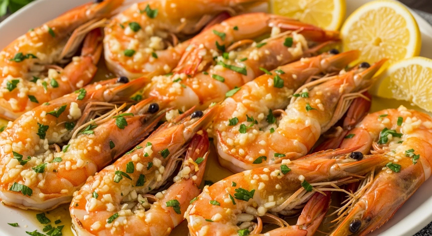 Garlic Butter Giant Prawns baked golden in a dish