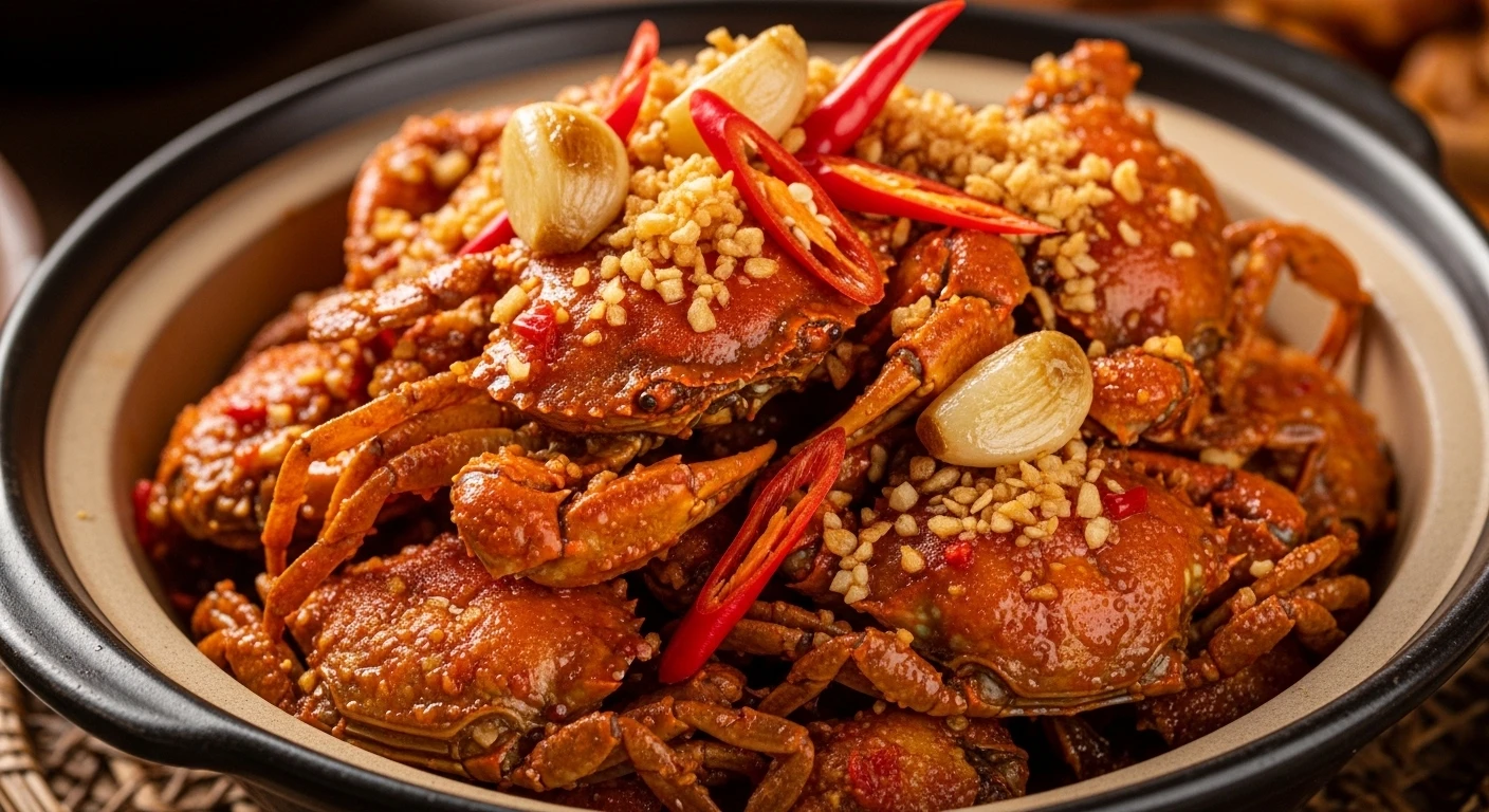 Crispy fried baby crabs coated in garlic and chili sauce