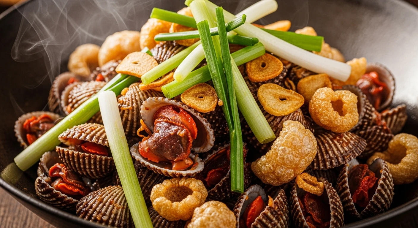Blood Cockles Sautéed with Garlic, Pork Cracklings & Scallions